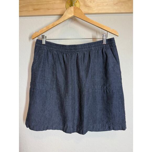 Women's Garnet Hill Navy Linen A-Line Mini Skirt With Pockets 100% Linen Size 14 - Picture 2 of 9